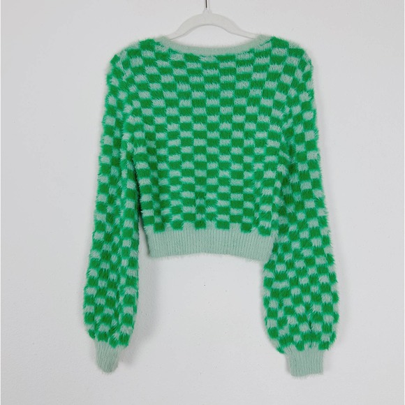 ZARA Green Check Fluffy Knit Crew Neck Cropped Sweater Size Medium - Picture 5 of 7